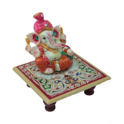 R.K. Global Marble Handicraft Pooja Chowki with Pagdi Ganesh ji Idol (Multicolor,4x4Inch)