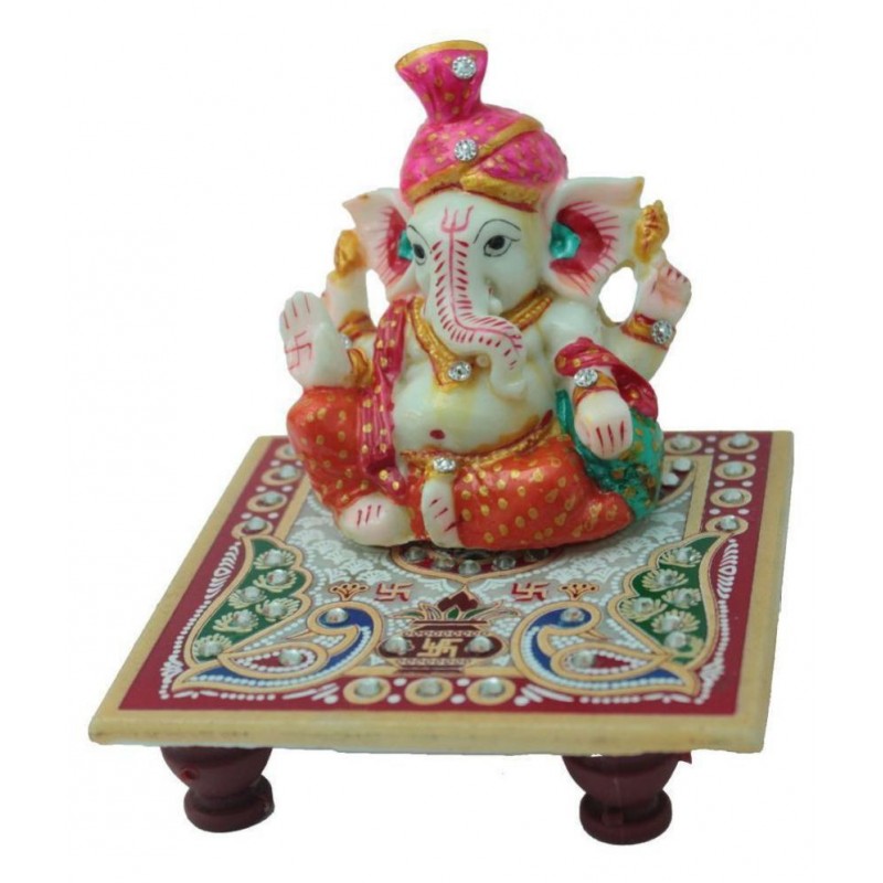 R.K. Global Marble Handicraft Pooja Chowki with Pagdi Ganesh ji Idol (Multicolor,4x4Inch)