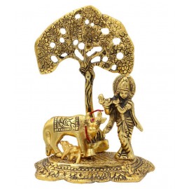 RMCG Traders || Krishan Ji Under Tree || Krishna Playing Flute || Metal Krishna with Cow Standing Under Tree Plying Flute (Gold, 6.5 X 5 X 3 Inches)