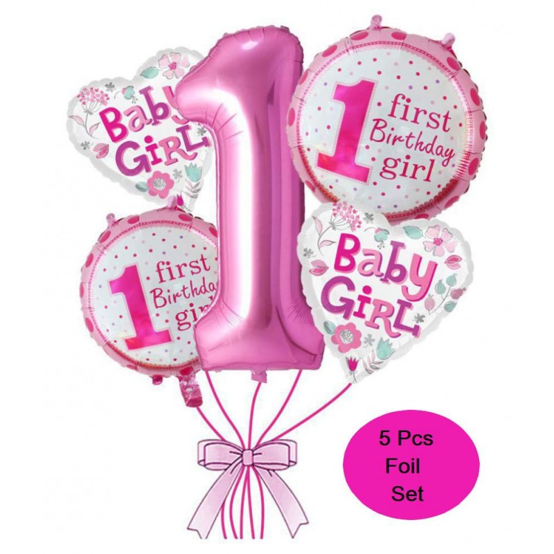 RTB Enterprises 5pcs 1st Birthday Balloons Baby Girl Pink Balloon Set Birthday for Party Decoration, Kids Birthday Decoration, Celebration - Pack of 1