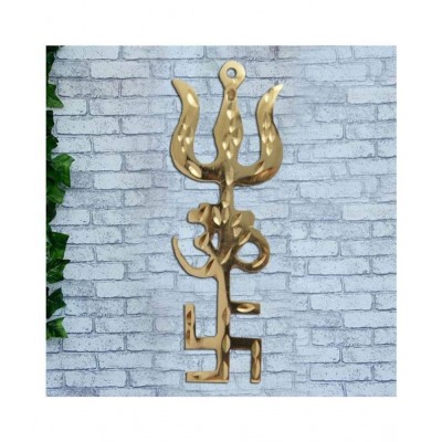 RUDRADIVINE Indian Traditional Bronze Trishul Om Swastika Yantra Wall Hanging Showpiece for Home Decor (4-Inch, Golden)