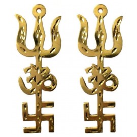 RUDRADIVINE Indian Traditional Bronze Trishul Om Swastika Yantra Wall Hanging Showpiece for Home Decor (4-Inch, Golden)