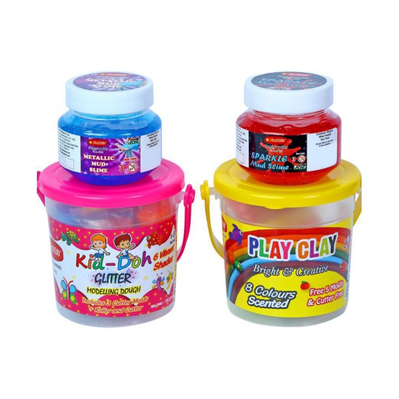 Rabbit Kid Doh Glitter Bucket+Play Clay Bucket +Metallic 100gm+ Neon 100gm|Sand Clay for Kids|Sand Slime|Play Doh Slime