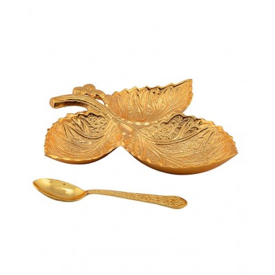 Rangsthali Gold Plated Brass Three Leaves Tray Set (2 Pcs)
