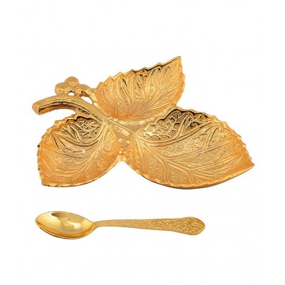 Rangsthali Gold Plated Brass Three Leaves Tray Set (2 Pcs)