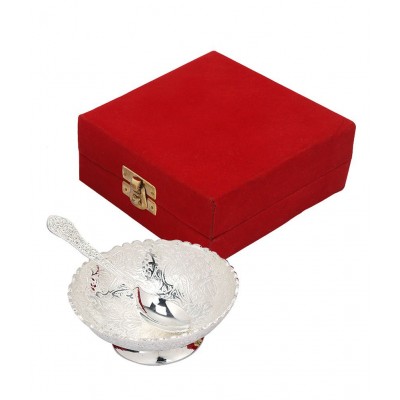 Rangsthali Silver Plated Brass  Peacock Design Engraved Bowl  And Spoon Set (2 Pcs)