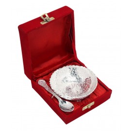Rangsthali Silver Plated Brass  Peacock Design Engraved Bowl  And Spoon Set (2 Pcs)
