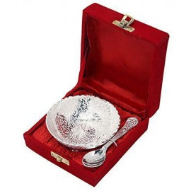 Rangsthali Silver Plated Brass Designer Bowl And Spoon Set For Gifting And Home Decor