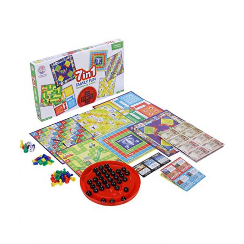Ratna's 7 in 1 Family Board Game|Board Size: 6.5 Inches * 6.5 Inches & 8 Inches * 8 Inches|Brainvita,Ludo,Snakes & Ladders,Business,Car Rally,Diamond Mine,Cricket