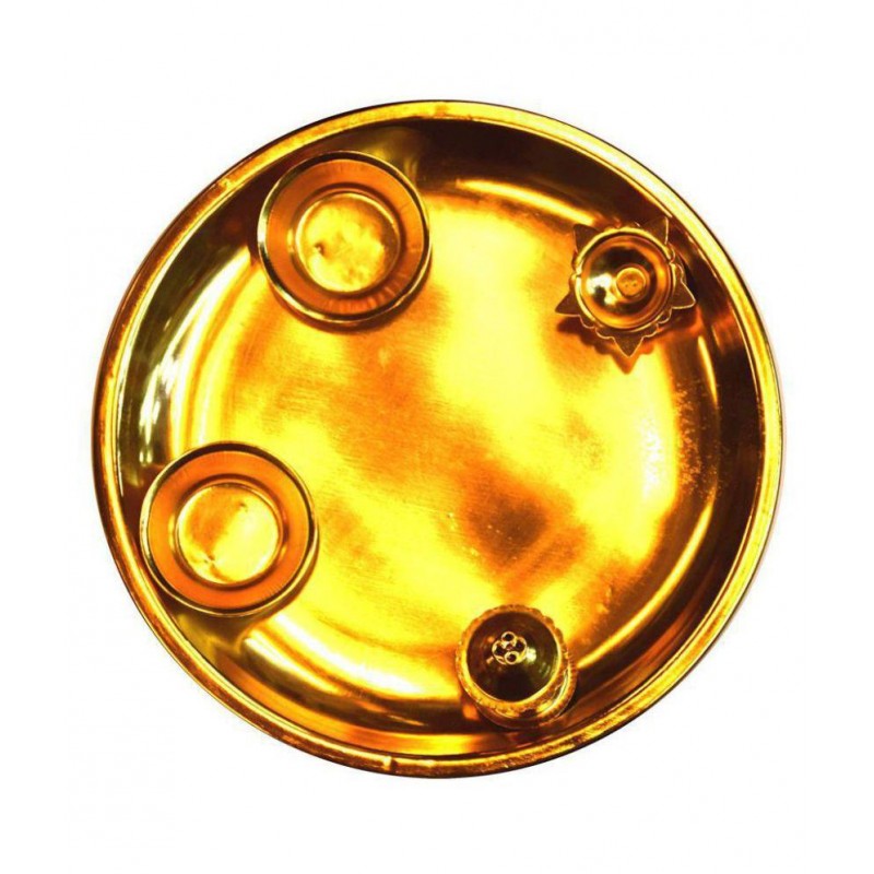 Rudra Divine BRASS EMBOSSED POOJA THALI[12" GOLD COLOUR] 21x21 cm