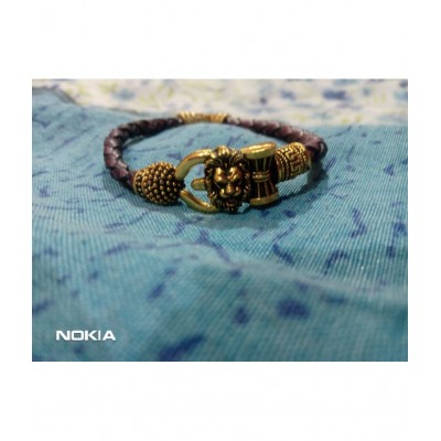 Rudraksha Lion Trishul Damroo Designer Oxidized Gold Bahubali Leather Bracelet for Men & Women