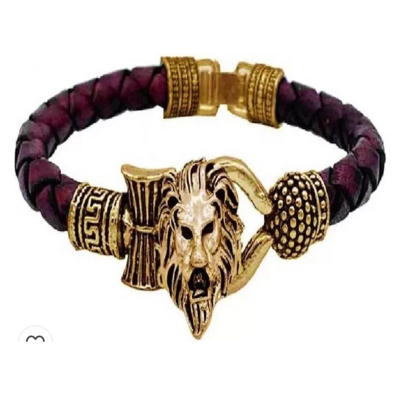 Rudraksha Lion Trishul Damroo Designer Oxidized Gold Bahubali Leather Bracelet for Men & Women