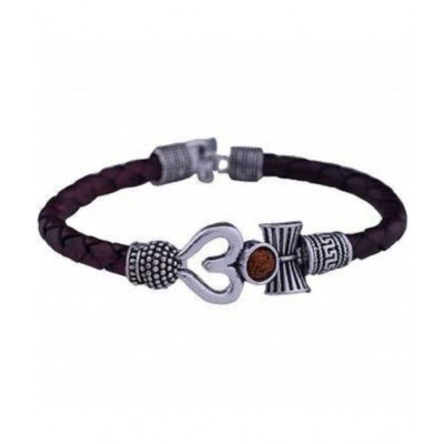 Rudraksha OM Trishul Damroo Designer Oxidized Silver Bahubali Leather Kada Bracelet Unisex Bracelets for Men & Women
