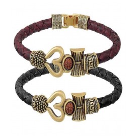 Rudras Combo of Brown & Black Golden Trident Damru Bahubali Kada Bracelet