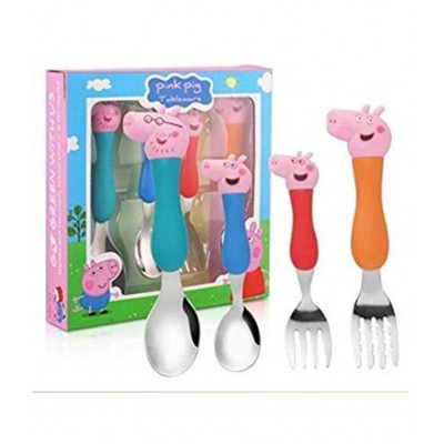 Ruhani Peppa Pig Family Toy Set of 4 PCs. with Peppa Pig Spoon & Fork Set for Kids