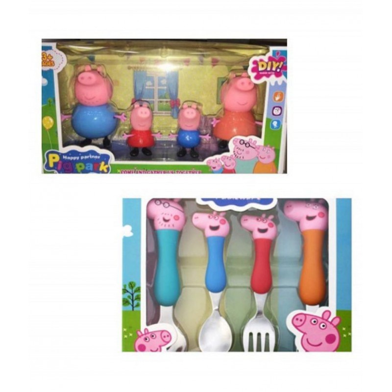 Ruhani Peppa Pig Family Toy Set of 4 PCs. with Peppa Pig Spoon & Fork Set for Kids