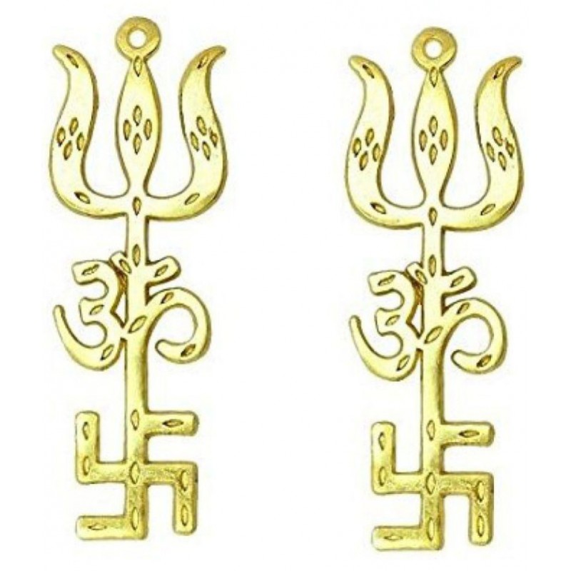 SET OF 2 BRASS Tri shakti Yantra (Swastik Om Trishul Symbol) ( SMALL 3.5 INCH )
