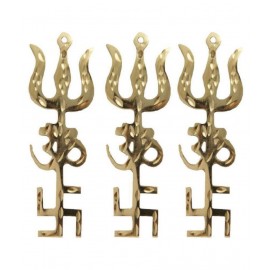 SET OF 3 BRASS Tri shakti Yantra (Swastik Om Trishul Symbol) ( SMALL 3.5 INCH )