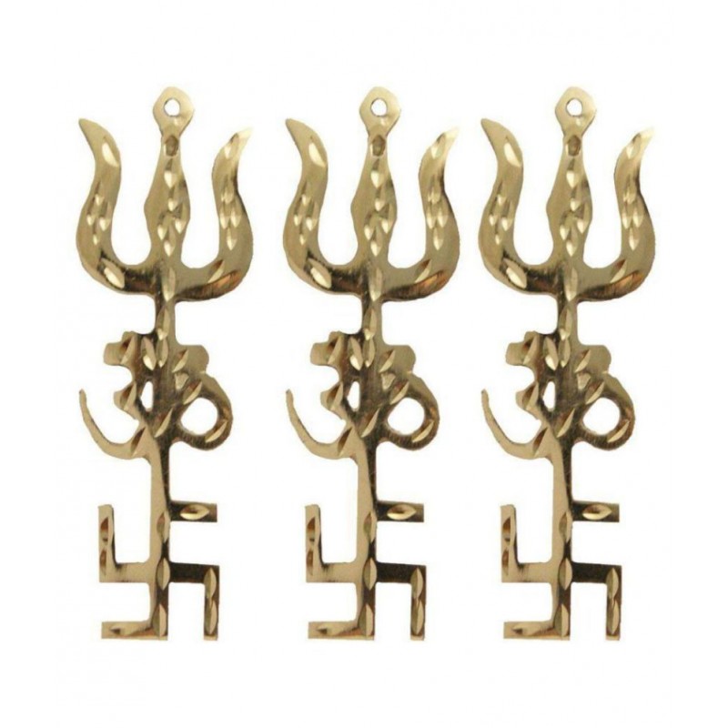 SET OF 3 BRASS Tri shakti Yantra (Swastik Om Trishul Symbol) ( SMALL 3.5 INCH )