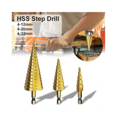 SHB 3X Large HSS Steel Step Cone Drill Bit Set Hole Cutter (4-32, 4-20, 4-12mm)