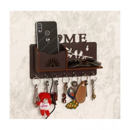 SKARLEY Wooden Matte Finish Designer Home Side Wall Shelf, Key holder with 7 Keys Hooks ( Brown )