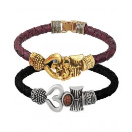 SKE Golden Ganesh And Black Silver om Bracelete