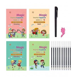 SUNTAP  Sank Magic Practice Copybook, Number Tracing Book for Preschoolers with Pen, Magic Calligraphy Copybook Set Practical Reusable Writing Tool Simple Hand Lettering (4 BOOKS + 10 REFILL)