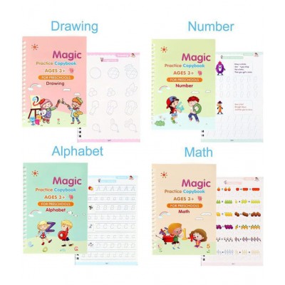 Sank Magic Practice Copybook, (4 BOOKS + 10 REFILL) Number Tracing Book for Preschoolers with Pen, Magic Calligraphy Copybook Set Practical Reusable Writing Tool Simple Hand Lettering (MATHS+DRAWING+ALPHABET+NUMBER)