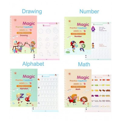 Sank Magic Practice Copybook, (4 Books + 1 Pen + 10 Refill) Number, Alphabet, Math and Drawing for Preschools Ages 3+