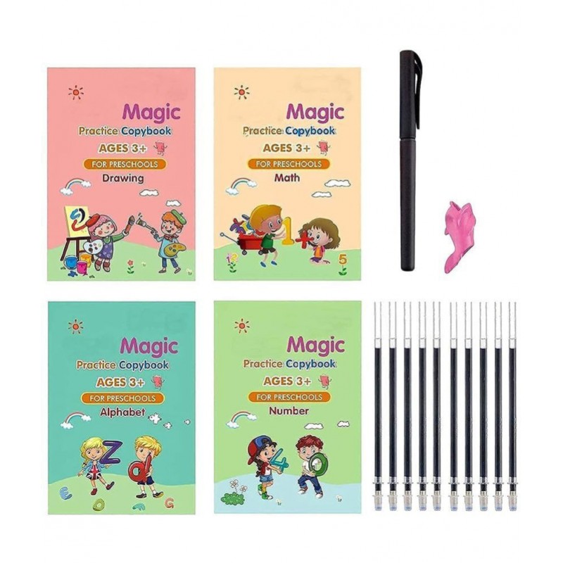 Sank Magic Practice Copybook, (4 Books + 1 Pen + 10 Refill) Number, Alphabet, Math and Drawing for Preschools Ages 3+