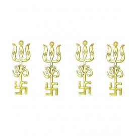 Set of 4 Brass Tri Shakti Yantra (Swastik Om Trishul Symbol) (Small 3.5 inch)