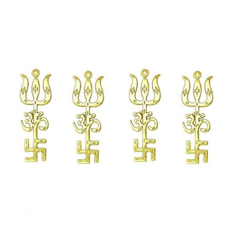 Set of 4 Brass Tri Shakti Yantra (Swastik Om Trishul Symbol) (Small 3.5 inch)