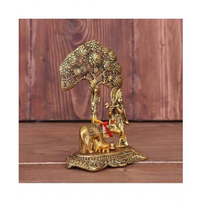 Sheela Handicraft Metal Krishna with Cow Standing Under Tree Plying Flute (Gold, 12x8x17cm)