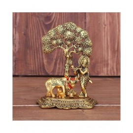 Sheela Handicraft Metal Krishna with Cow Standing Under Tree Plying Flute (Gold, 12x8x17cm)