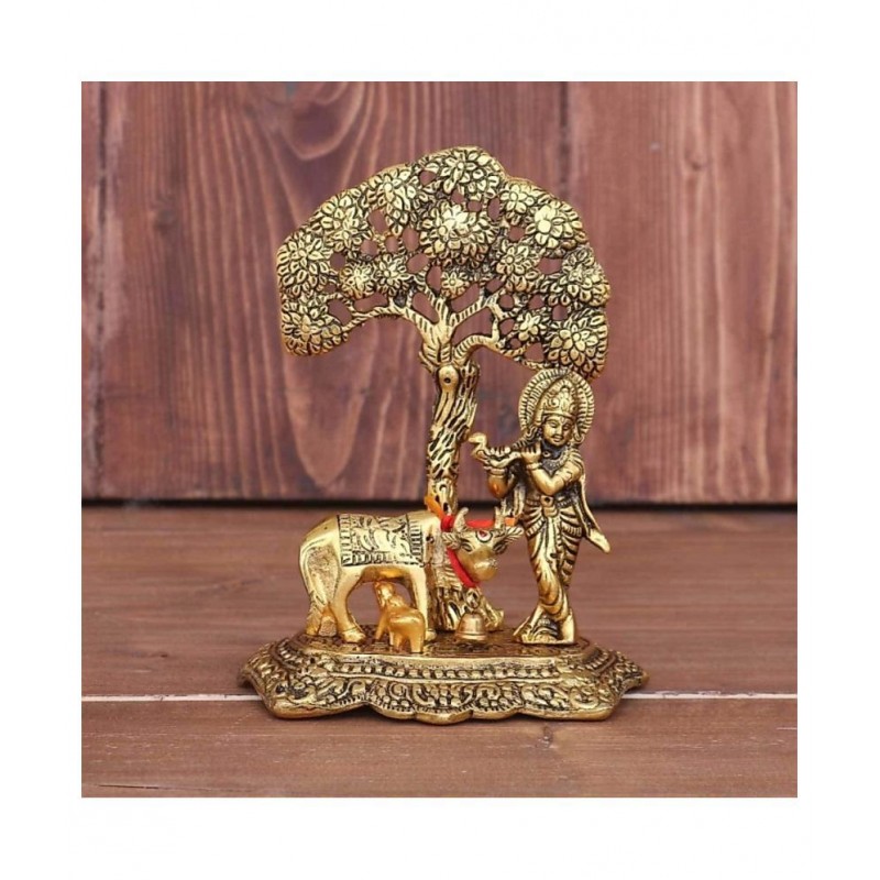 Sheela Handicraft Metal Krishna with Cow Standing Under Tree Plying Flute (Gold, 12x8x17cm)