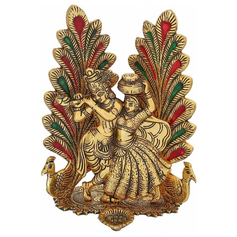 Sheela Handicraft Radha Krishna Idol Statue with Diya For Puja Decoration Gift, Hindu Religious Radha Krishan Murti Showpiece Home dÃ©cor, Peacock Design Figurine Temple Pooja Decor Wedding Gift metal radha krishna / lord radha krishna