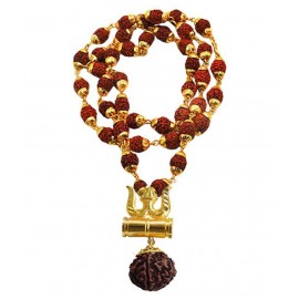 Shiv Sakti Rudraksha Mala Trishul Damru Locket With Puchmukhi Rudraksha Mala Gold-plated Brass
