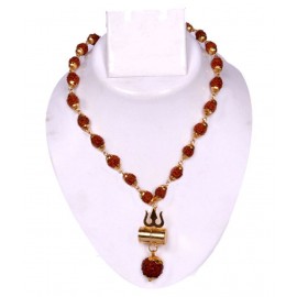 Shiv Shakti Kavach 5 Mukhi Rudraksha Mala With Shiv Trishul & Damru Wood Chain Alloy, Wood Locket