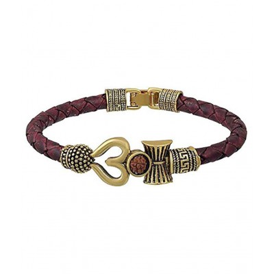 Shiv Sunder  Rudraksha OM Trishul Damroo Designer Oxidized Gold Bahubali Leather Kada Bracelet for Men & Women