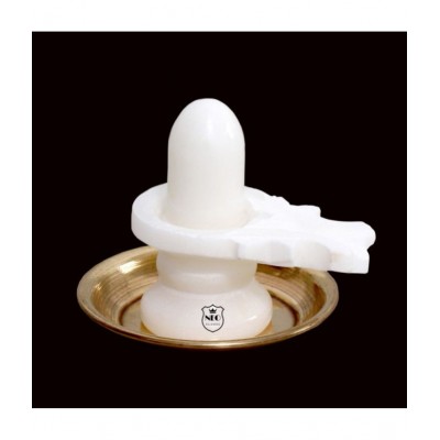 Shivling White Marble 2.5" With Plate Brass Naag No. 1