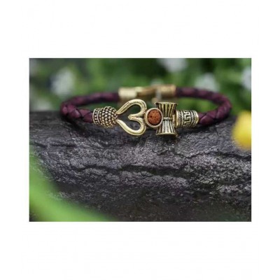 Shivshop Brass, Leather Silver, Gold-plated Kada Bracelet Rudraksha Shiv Trishul Damroo Damru Designer Kada Bracelet Bangle for Women and Men Mahadev Mahakal Bracelet (COMBO OF 2)