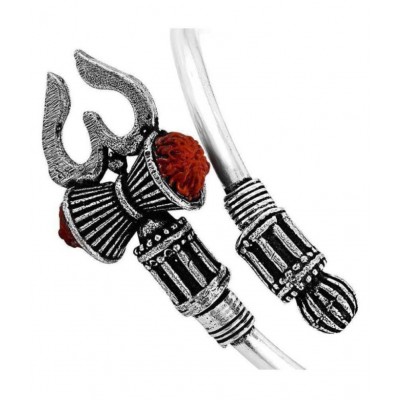 Shivshop Brass, Leather Silver, Gold-plated Kada Bracelet Rudraksha Shiv Trishul Damroo Damru Designer Kada Bracelet Bangle for Women and Men Mahadev Mahakal Bracelet (COMBO OF 2)