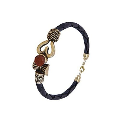 Shivshop Rudraksha OM Trishul Damroo Designer Oxidized Gold Bahubali Leather Kada Bracelet for Men, Boys, Women