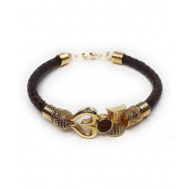 Shivshop Rudraksha OM Trishul Damroo Designer Oxidized Gold Bahubali Leather Kada Bracelet for Men, Boys, Women