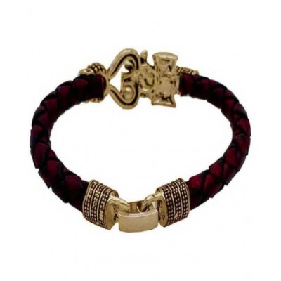 Shri Astha Vinayak One Sided Lion Head Trishul Damru Gold Plated Mahakal Shiva Genuine Leather Brown Dyed Rope Wrist Band/Belt Bahubali