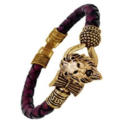 Shri Astha Vinayak One Sided Lion Head Trishul Damru Gold Plated Mahakal Shiva Genuine Leather Brown Dyed Rope Wrist Band/Belt Bahubali