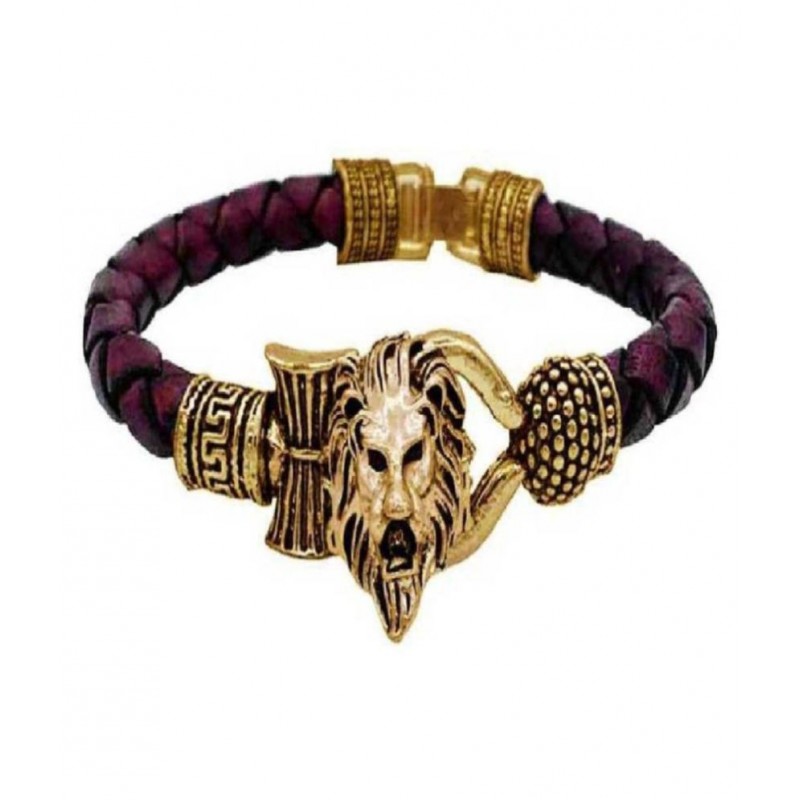 Shri Astha Vinayak One Sided Lion Head Trishul Damru Gold Plated Mahakal Shiva Genuine Leather Brown Dyed Rope Wrist Band/Belt Bahubali