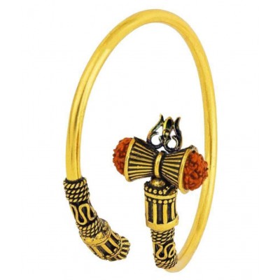 Shri Ganesh  Designer Golden Oxidized Shiva Trishul Rudraksha Damru Kada Bracelet Bangle for Men and Boys Gold Trishul Damroo Designer Kada Bracelet Bangle for Women and Men (Flexible)