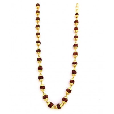 Shri Ganesh 100% Original 5 Mukhi Rudraksha Mala With Gold Plated Cap