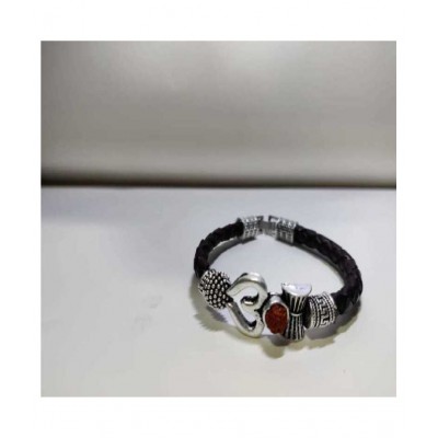 Silver Black om leather bracelet for men and boys